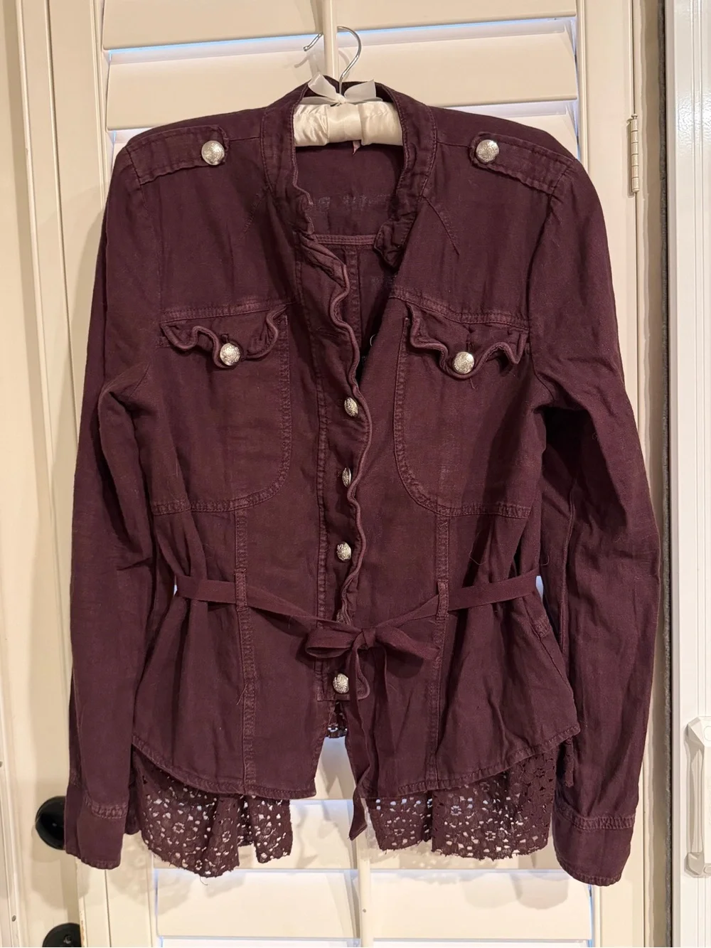 Free People Burgundy Military-Style Utility Jacket with Lace Trim